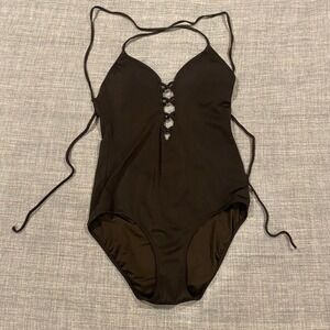 Victoria's Secret Black Lattice Lace Up Front Halter One Piece Swimsuit Medium